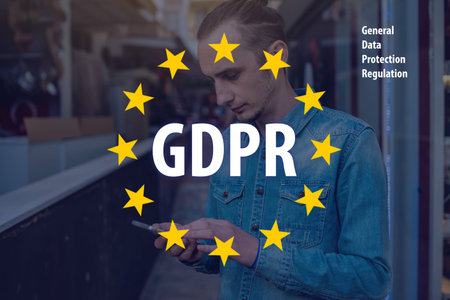 General Data Protection Regulation GDPR . The text with the EU flag in the background a man uses a...