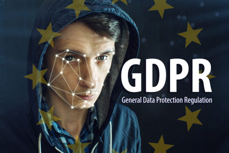 General Data Protection Regulation GDPR . The text with the EU flag in the background of men with personal identification data for facial recognitionの写真素材