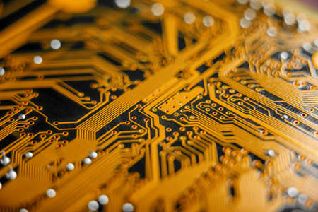 Electronic Board with the lines and chips, semiconductor elements closeup. The concept of the technology of solid-state microelectronicsの写真素材