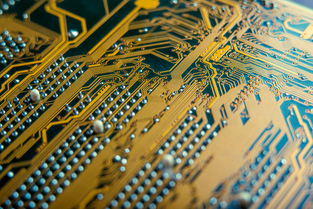 Electronic Board with the lines and chips, semiconductor elements closeup. The concept of the...