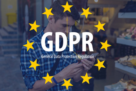 General Data Protection Regulation GDPR . The text with the EU flag in the background a man uses a...