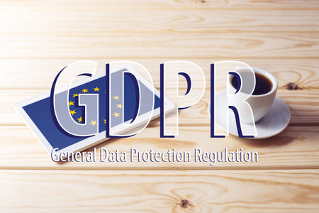 General Data Protection Regulation GDPR . The text with the EU flag depicted on the tablet