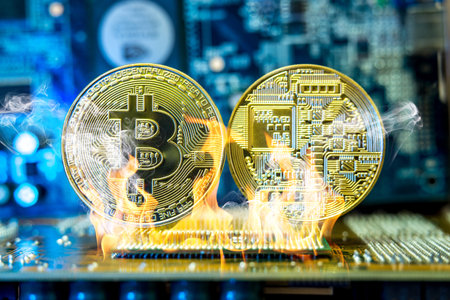 Bitcoin cryptocurrency in the form of a coin burns on fire on a microchip. The concept of death...