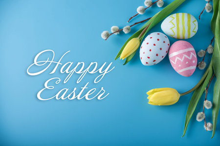 Beautiful holiday greeting card with text happy Easter