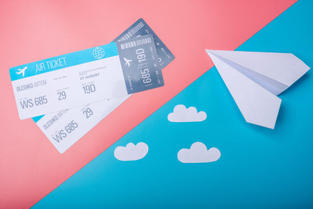 Air tickets and paper plane on pastel background, topview. The concept of air travel and holidays