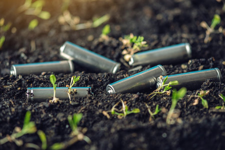 Used alkaline batteries lie in the soil where plants grow. The concept of environmental pollution...