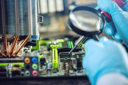 Engineer technician computers in gloves on the hands is reviewing the failure. The concept of high technology and repair microchipの写真素材