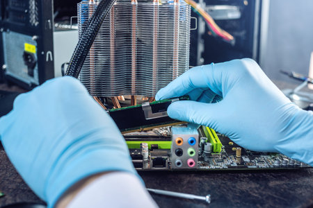 Engineer technician computers in gloves on the hands is reviewing the failure. The concept of high...