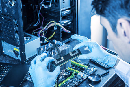 Engineer technician computers in gloves on the hands is reviewing the failure. The concept of high...
