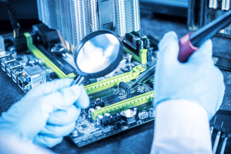 Engineer technician computers in gloves on the hands is reviewing the failure. The concept of high...