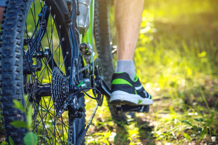 Cyclist on a green mountain bike in the woods riding on the grass. Bottom and back view. The concept of active and extreme lifestyleの写真素材