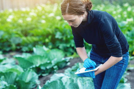 Woman specialist agronomist holding a tablet. The concept of agricultural farms and quality controlの写真素材