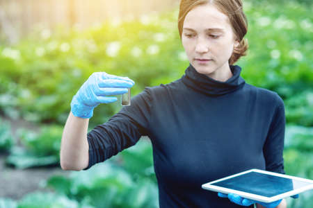 A young agronomist pretty woman holding a soil sample and a tablet. Concept environmentally friendly farm production without nitrates.の写真素材