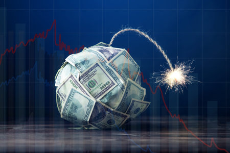 Big bomb of money hundred dollar bills with a burning wick. Little time before the explosion. The...