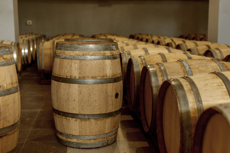 Wine oak barrels in which red wine is aged in the cellar of the winery. The concept of the...