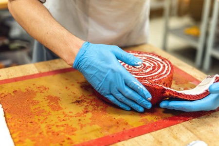 Pastry chef in gloves preparing meringue cake and desserts. Concept of production of confectionery