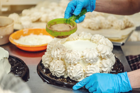 Gloved hands in process of making meringue cake and desserts. Concept of production of confectionery