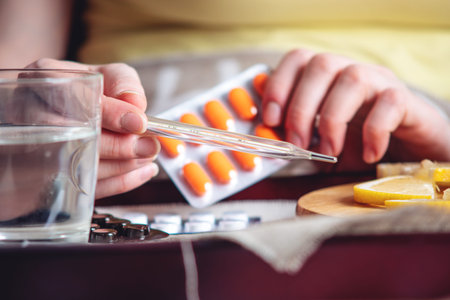 Thermometer pills water and lemon on tray. A person with a cold is treated in bed. Colds, flu and timely treatmentの写真素材