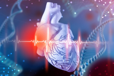 3d illustration of human heart and cardiogram with mesh texture modeling on abstract futuristic blue...