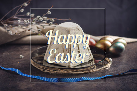 A card with traditional Easter cakes and colorful eggs and text on a dark background. Concept happy...