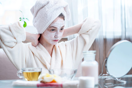 Beautiful happy young woman with cosmetic natural mask on her face looking at her skin. Concept skin care and Spa treatments at homeの写真素材