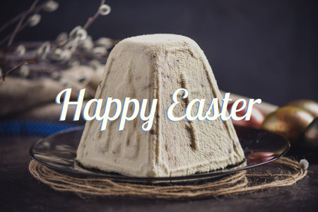 A card with traditional Easter cakes and colorful eggs and text on a dark background. Concept happy...