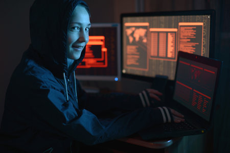 Girl in the hood looking in the camera. Hacker attacks and online fraud on the screen background in...