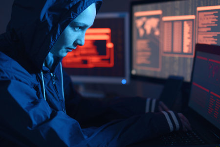 Girl hacker in a hood typing program code while committing a cybercrime hacking a system firewall on...