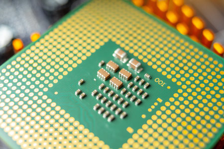 Green electronic chip CPU closeup. The concept of high technology and repair microchip