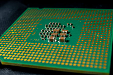 Green electronic chip CPU closeup. The concept of high technology and repair microchip