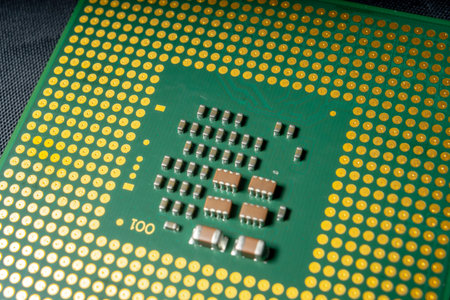 Green electronic chip CPU closeup. The concept of high technology and repair microchip