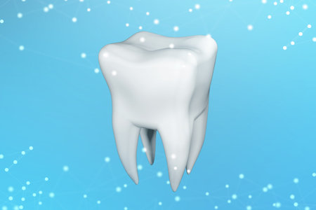 3d illustration of a human tooth on a blue abstract background. The concept of technology in...