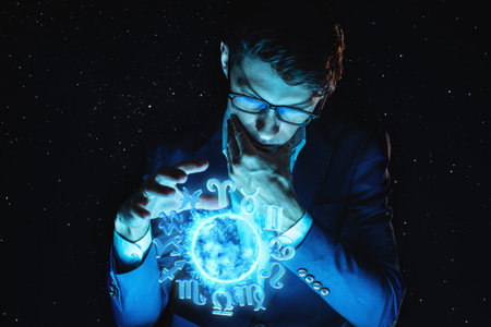 Man businessman holding hands over the magic sphere with a horoscope to predict the future. The...