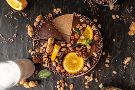 Chocolate cake with orange, cacao, mint leaves, peanuts and nuts. Top view. Concept healthy raw...
