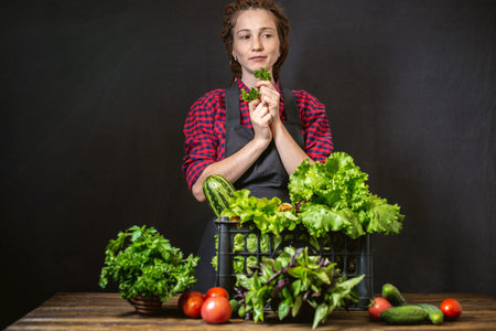 A young woman farmer is holding a box with fresh vegetables and green salad on a dark background. Organic raw products grown on the farm.の写真素材