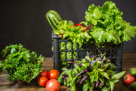 Black box with fresh vegetables and green salad on a dark background. Organic raw products grown on the farm.の写真素材