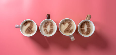 Card with numbers 2020 for New year and Christmas. Cup of coffee with figures on milk foam on pink...