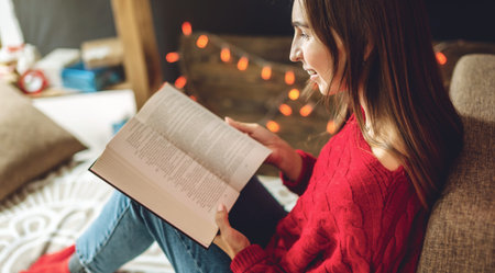 Young woman in a red sweater reading a book in the evening in a warm Christmas atmosphere on...