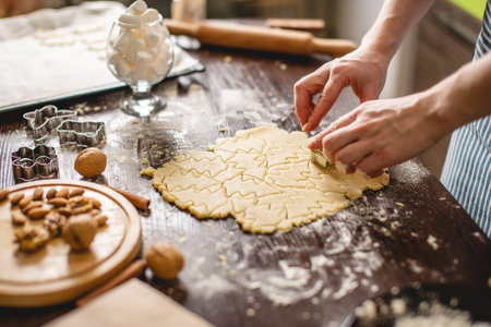 Cook housewife making Christmas cookies at home on a colorful kitchen. Female hands making dough the...