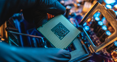 Engineer repairman holding hands in black gloves chip processor, CPU to insert into the socket of...