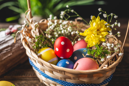 Festive Easter basket with colorful bright eggs and green grass on a wooden table. Concept of a...