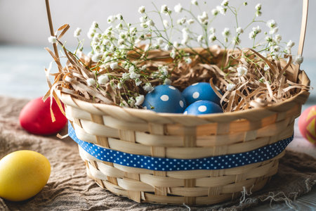 Festive Easter basket with colorful bright eggs and green grass on a wooden table. Concept of a...