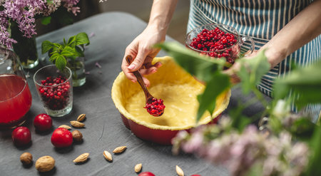 Cooking homemade cranberry pie. In the baking dish with the dough, put a spoon of fresh cranberries....