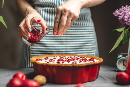 Cooking homemade cranberry pie. A female pastry chef is sprinkling cranberry berries on lingonberry...