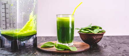 Glass with a vegetarian smoothie made from green leaves of fresh spinach. Popular detox drink for...