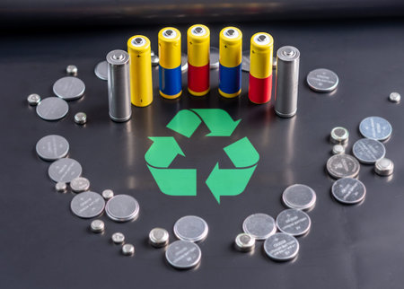 Used batteries and recycling symbol. Concept of ecological safety and eco friendly behavior.