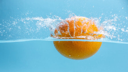 A whole ripe orange is falling into the clear water, forming a lot of splashes. Concept of tasty...