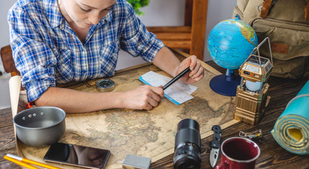 A woman is looking at a map of the world and chooses a place for her next trip on a wooden table...