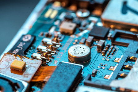 Electronic Board of phone with semiconductor elements close up. Concept of the technology of...