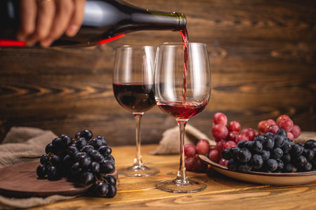 A hand is pouring dry red wine from a bottle into a glass against the background of a bunch of...